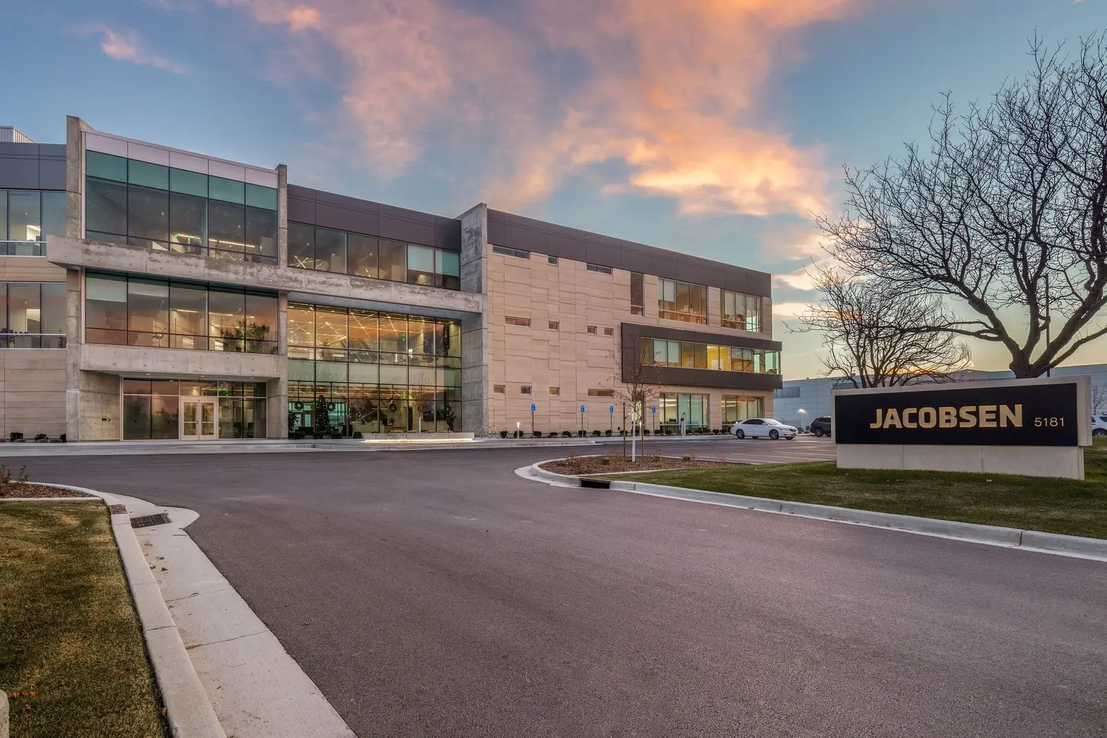 Jacobsen headquarters illuminated at sunset, photographed for VCBO Architecture