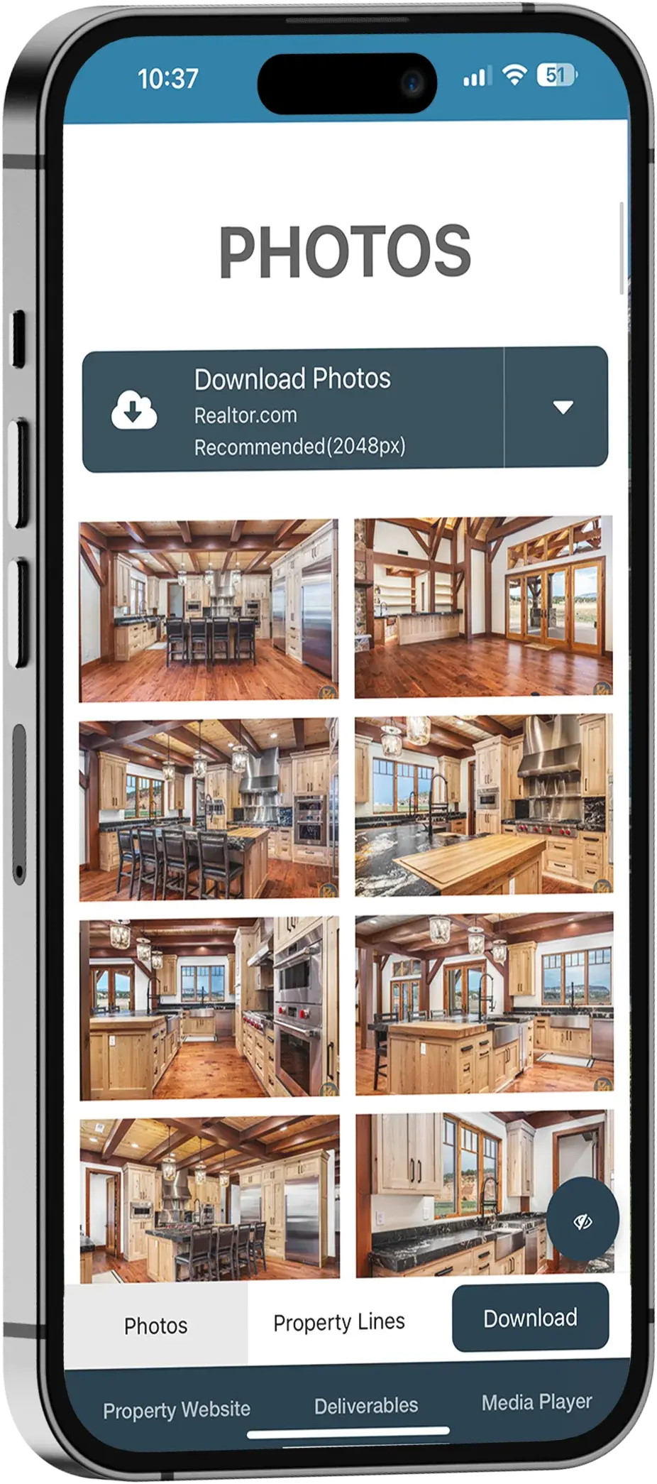 Collection of interior photos of a kitchen and living area showcasing wooden cabinetry, hardwood floors, and large windows.