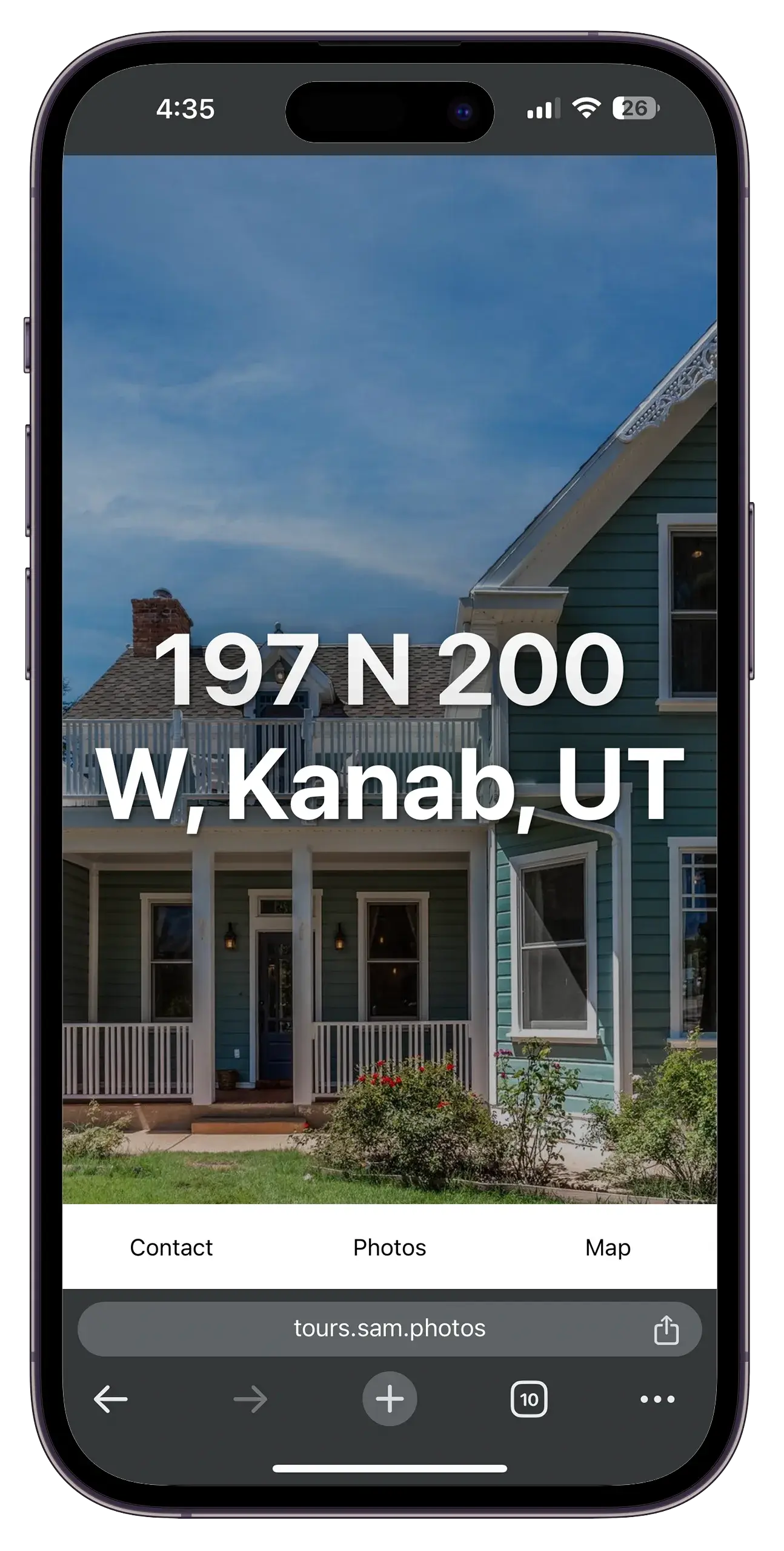 Screenshot of a mobile phone displaying a real estate listing for a house at 197 N 200 W, Kanab, Utah, with a view of a green house with white trim and a porch, under a partly cloudy sky.