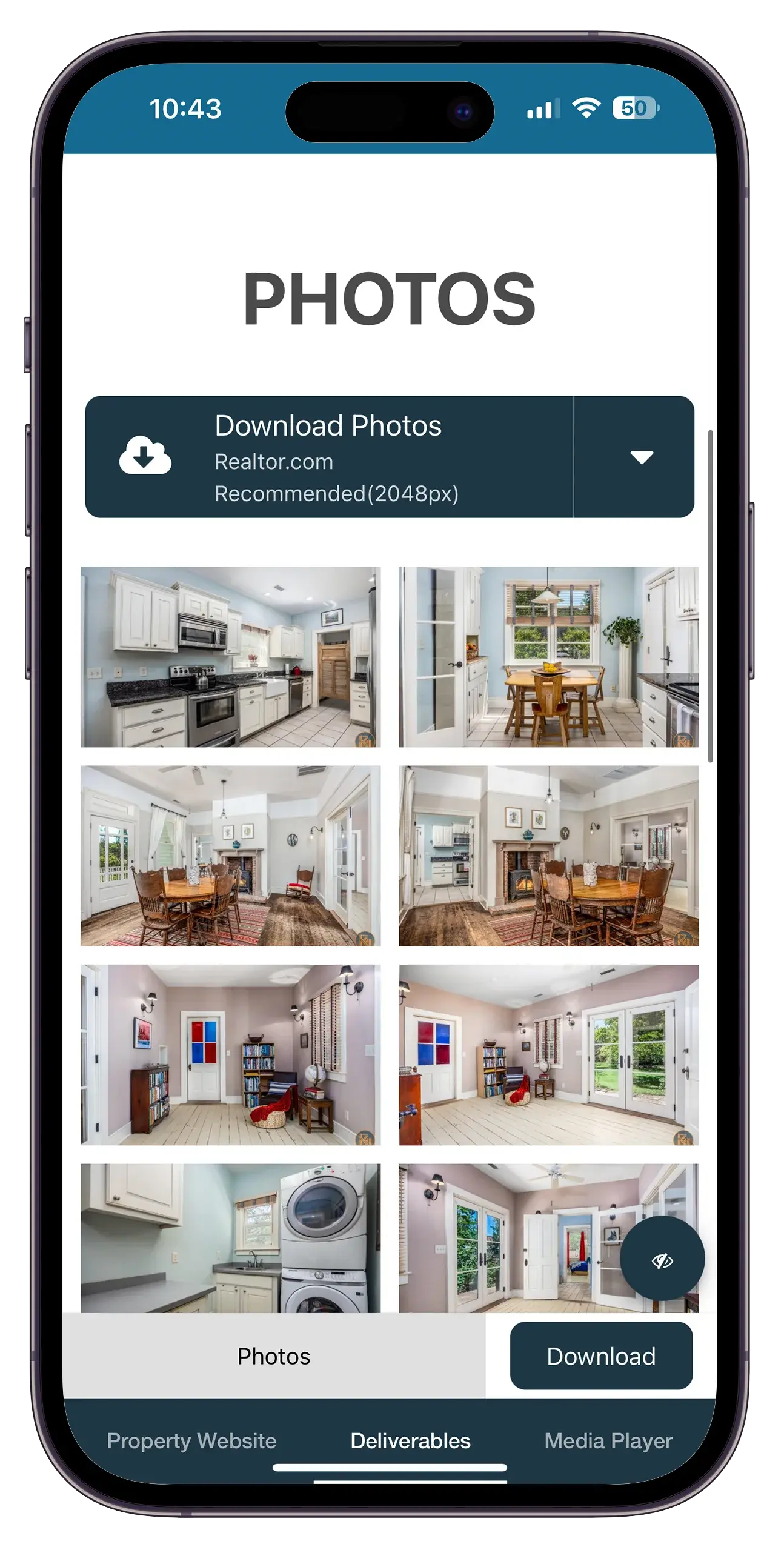 Screenshots of a mobile app displaying property photos, including kitchens, dining rooms, living rooms, and a laundry room.