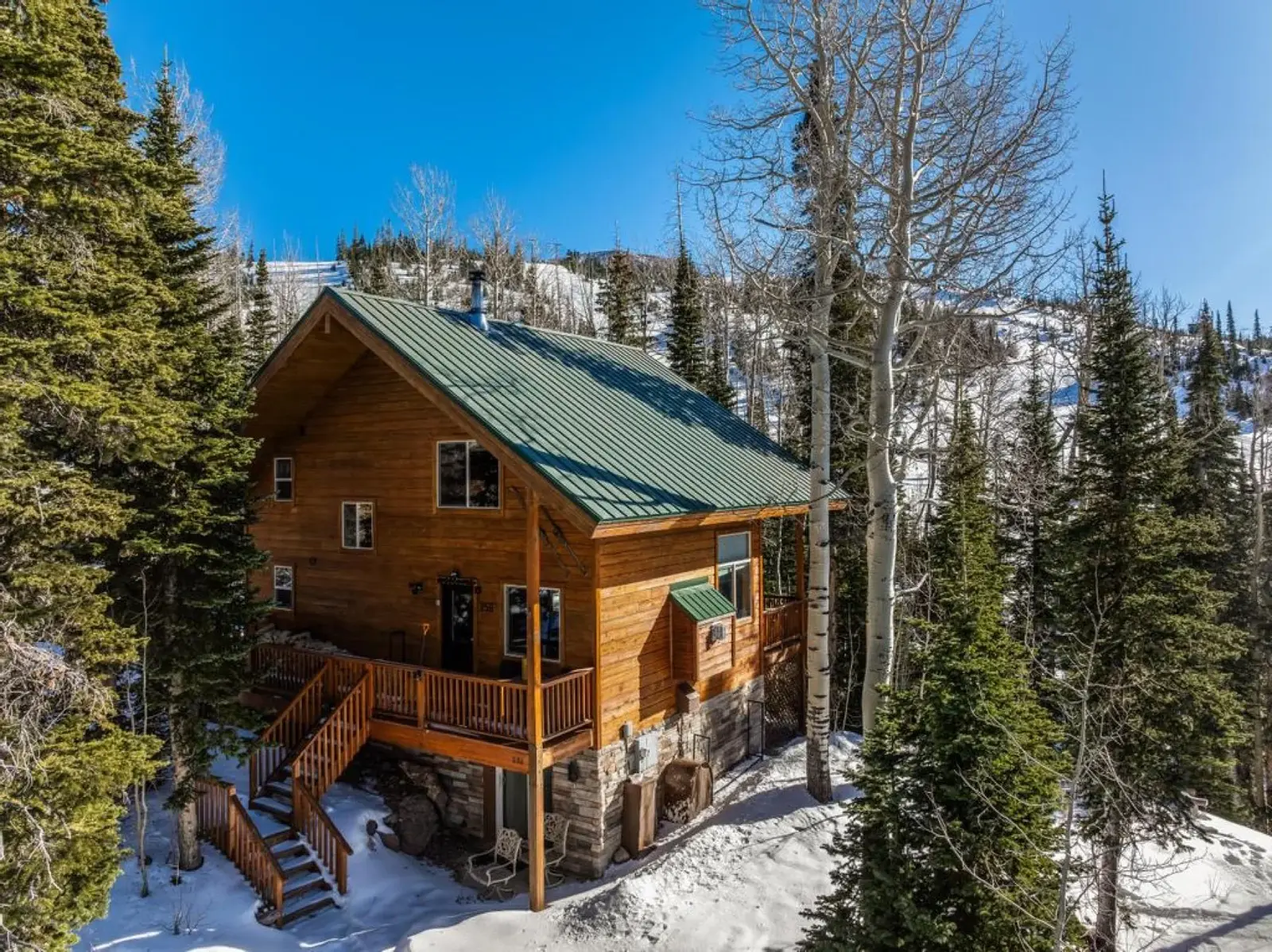 Brian Head — Cabin and evergreen trees from above