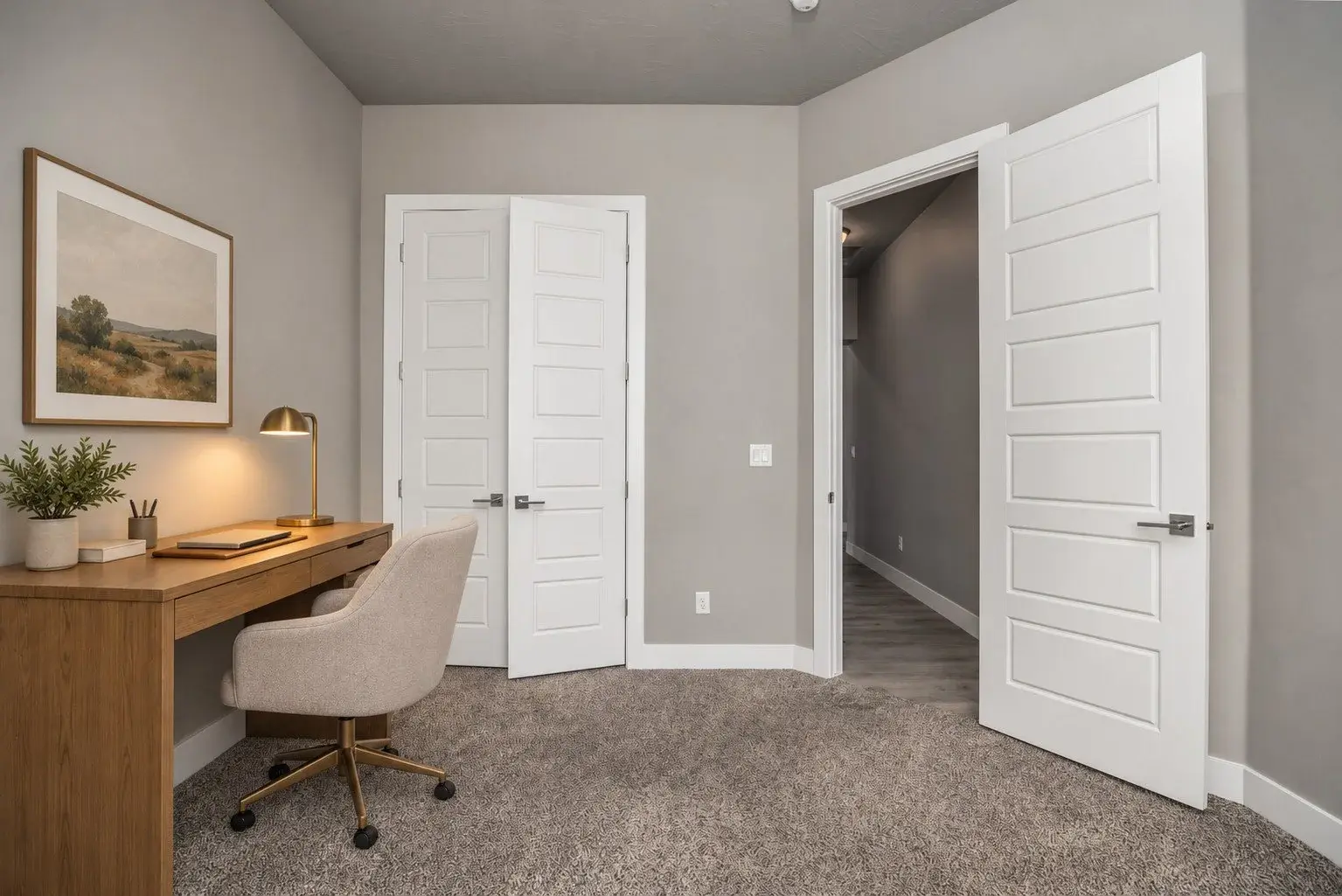 Virtually staged home office with digitally added furniture and decor