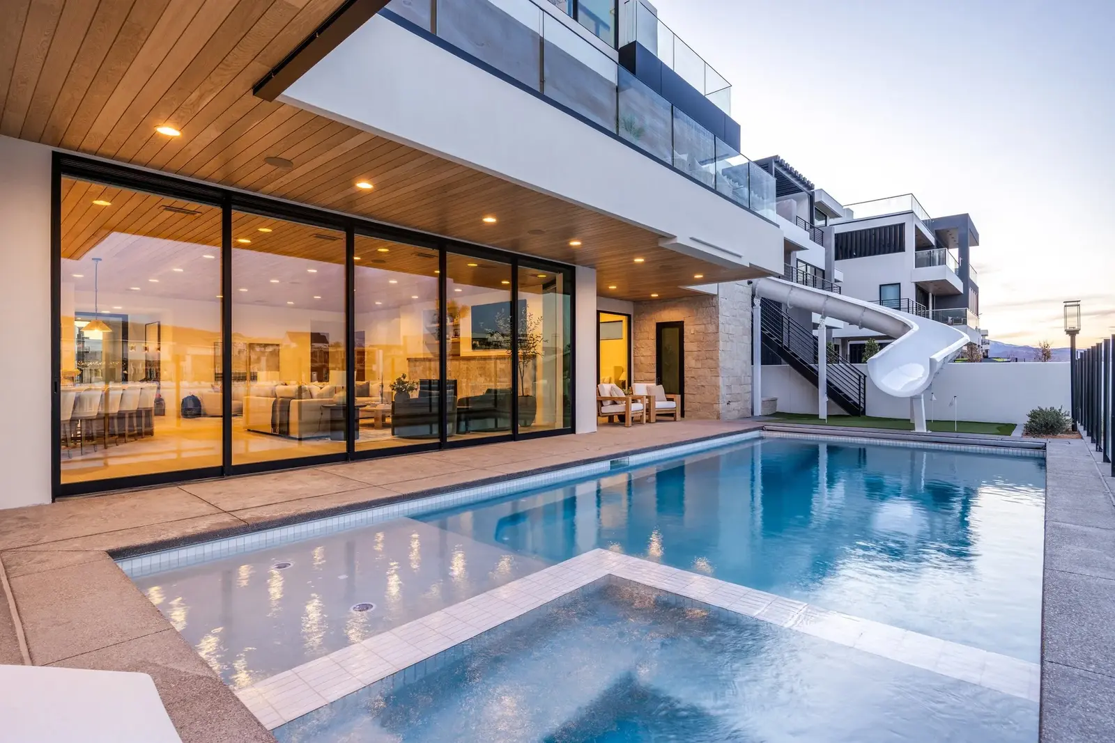 Illuminated architecture and pool at The Oasis Utah