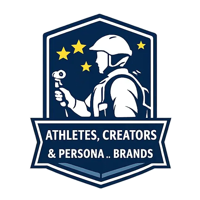 A logo featuring a cyclist in profile wearing a helmet and holding a microphone, surrounded by four stars, with the text 'Athletes, Creators & Persona.. Brands' below.