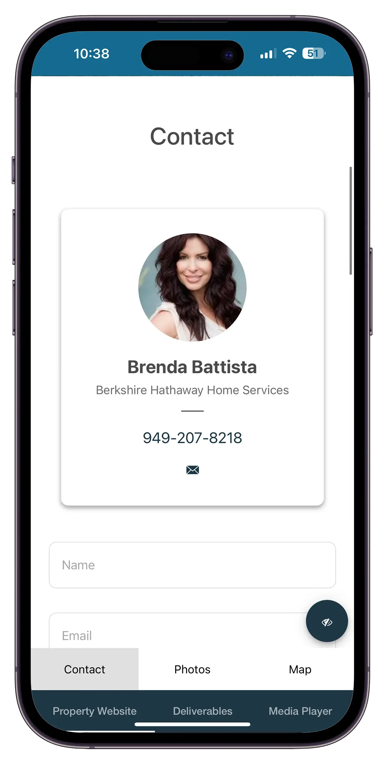 Digital contact profile of Brenda Battista from Berkshire Hathaway Home Services, featuring her photo, name, phone number, and email icon.
