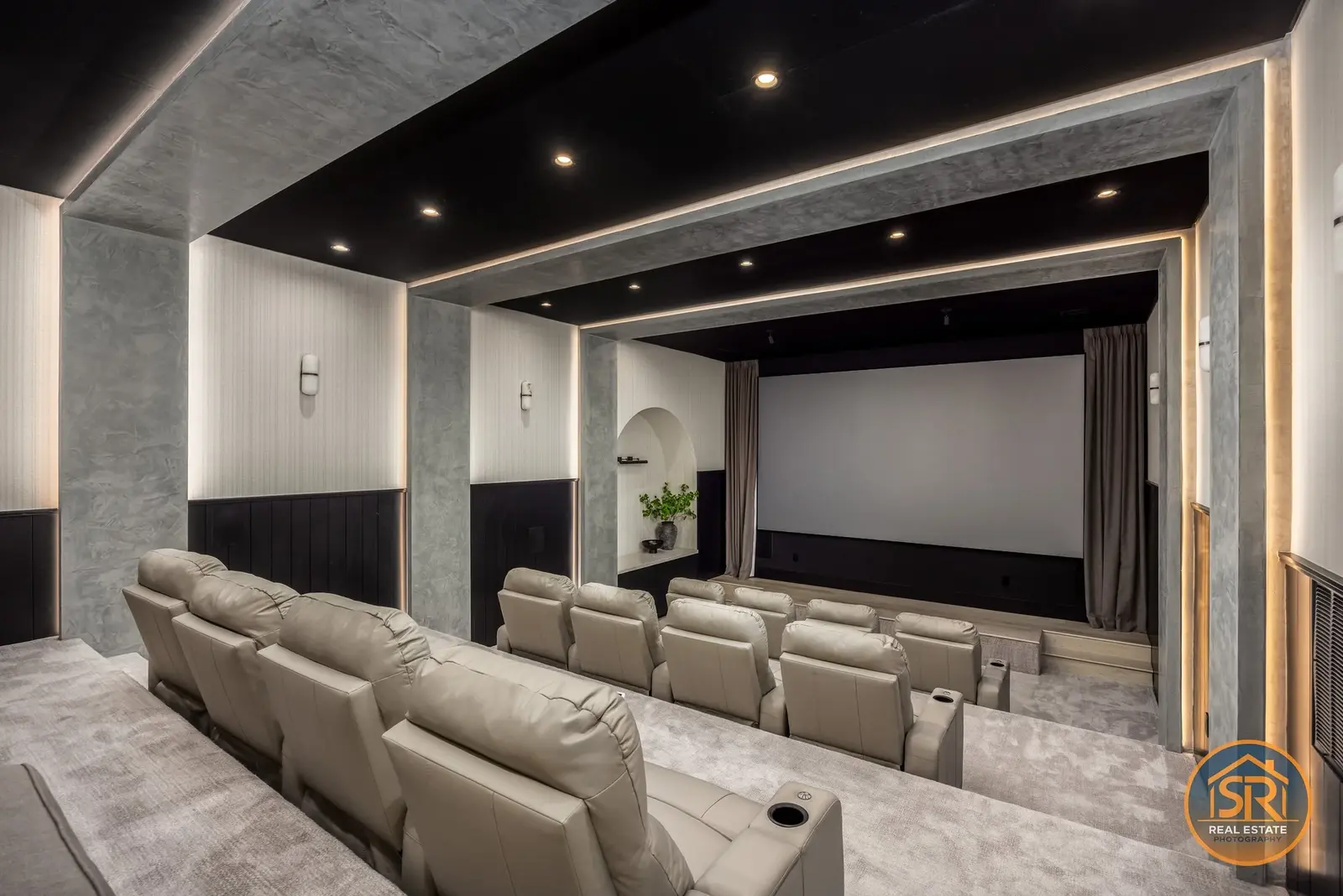 Home theater with tiered seating — from Sam Reed’s photography portfolio