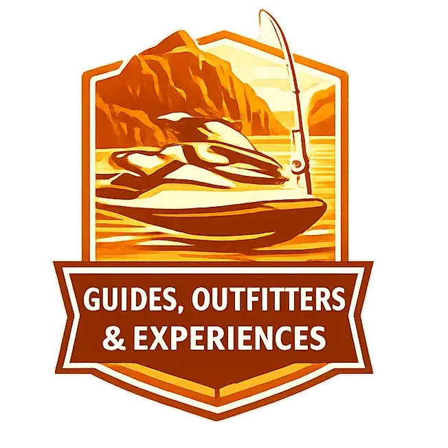 A logo with a mountain landscape, boat, and fishing rod, featuring the text 'Guides, Outfitters & Experiences'
