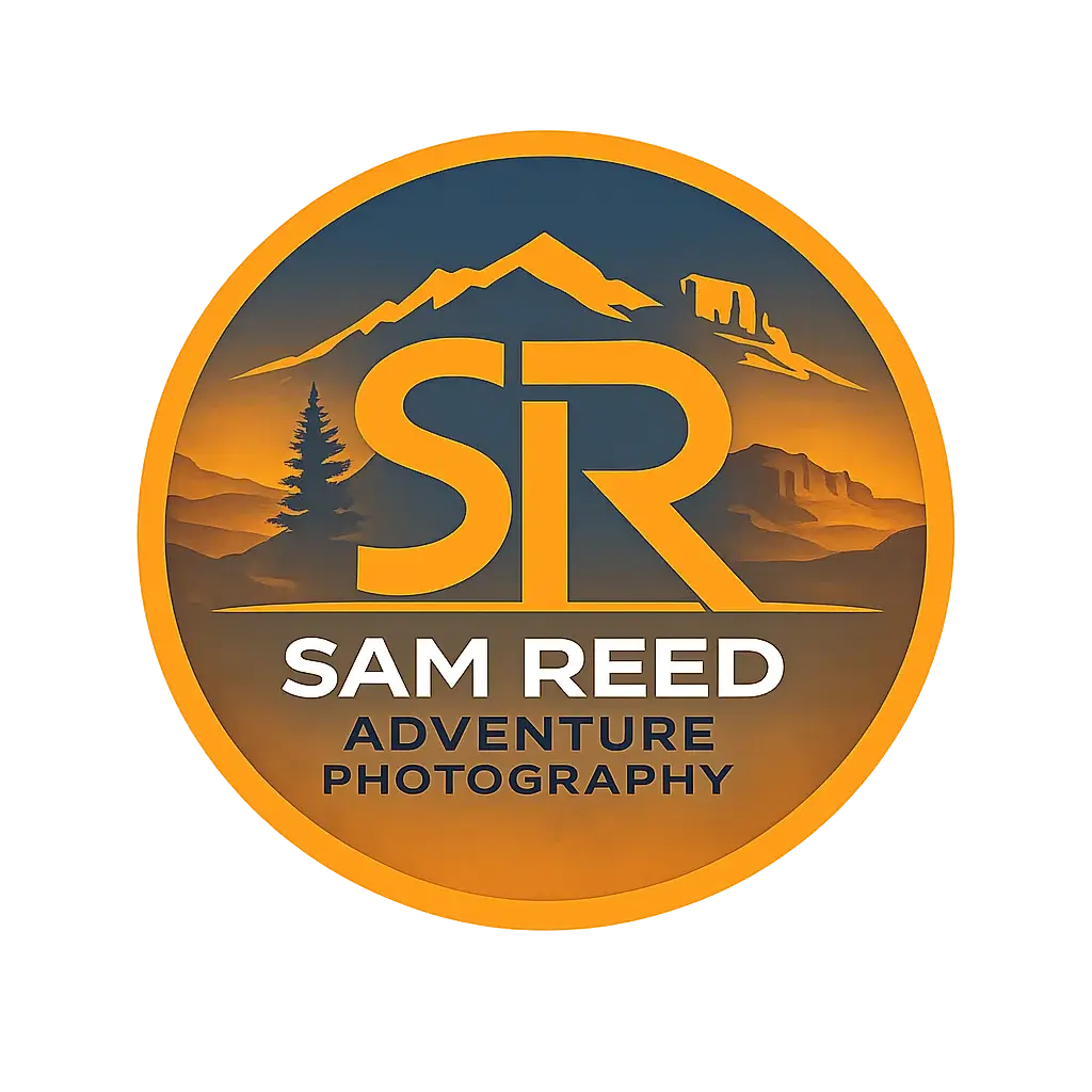 Logo for Sam Reed Adventure Photography featuring mountain landscape and the initials SR