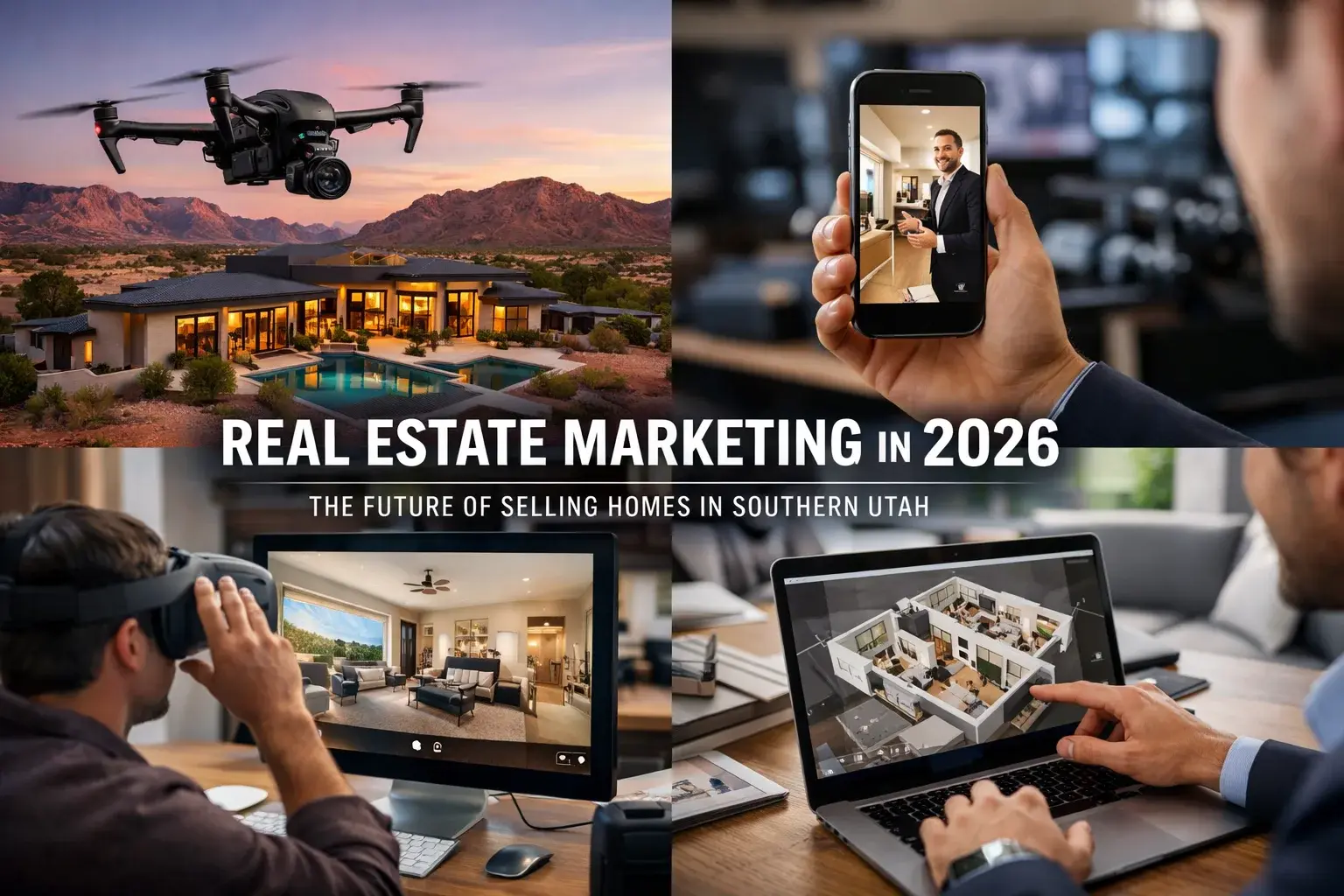 Real estate marketing collage showing a drone, smartphone video, property photography, and a digital floor plan.