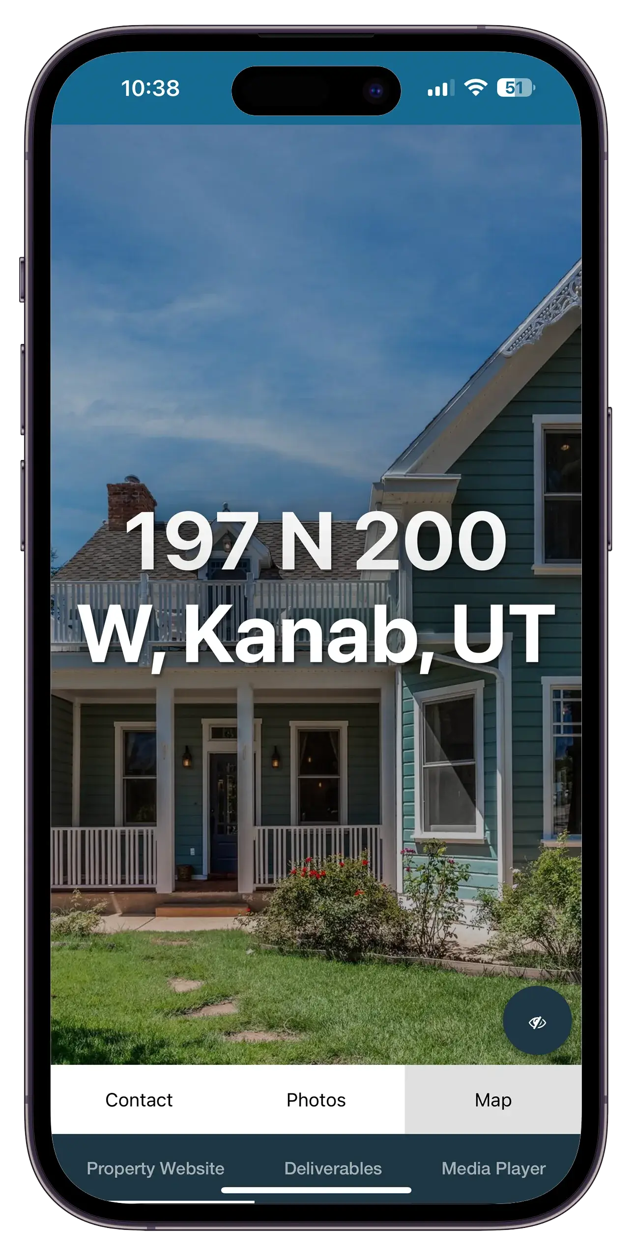 Mobile phone screen showing a real estate property listing with a house and geographic coordinates, located at 197 N 200 W, Kanab, Utah.