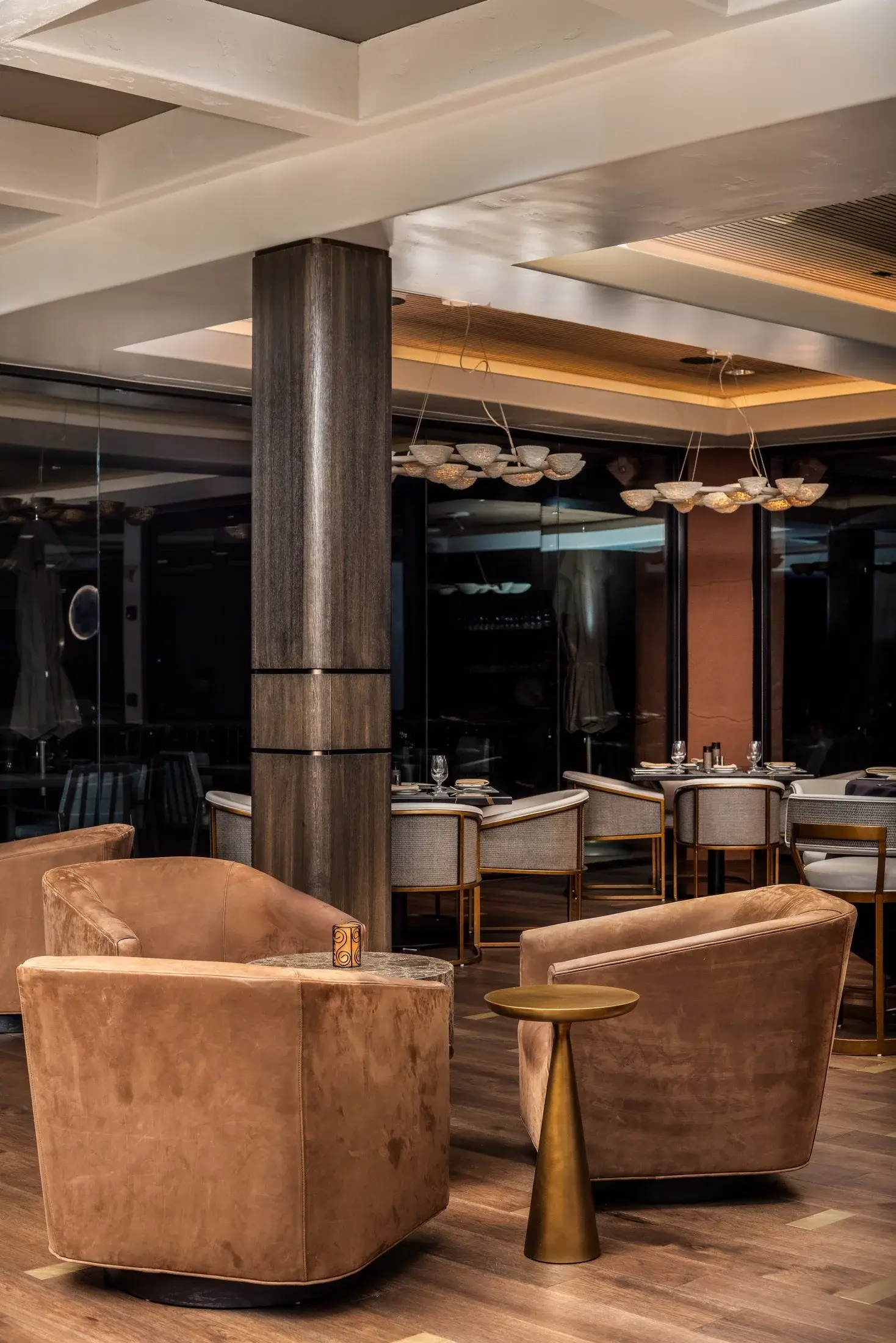 Lounge seating and warm interior lighting at Entrada
