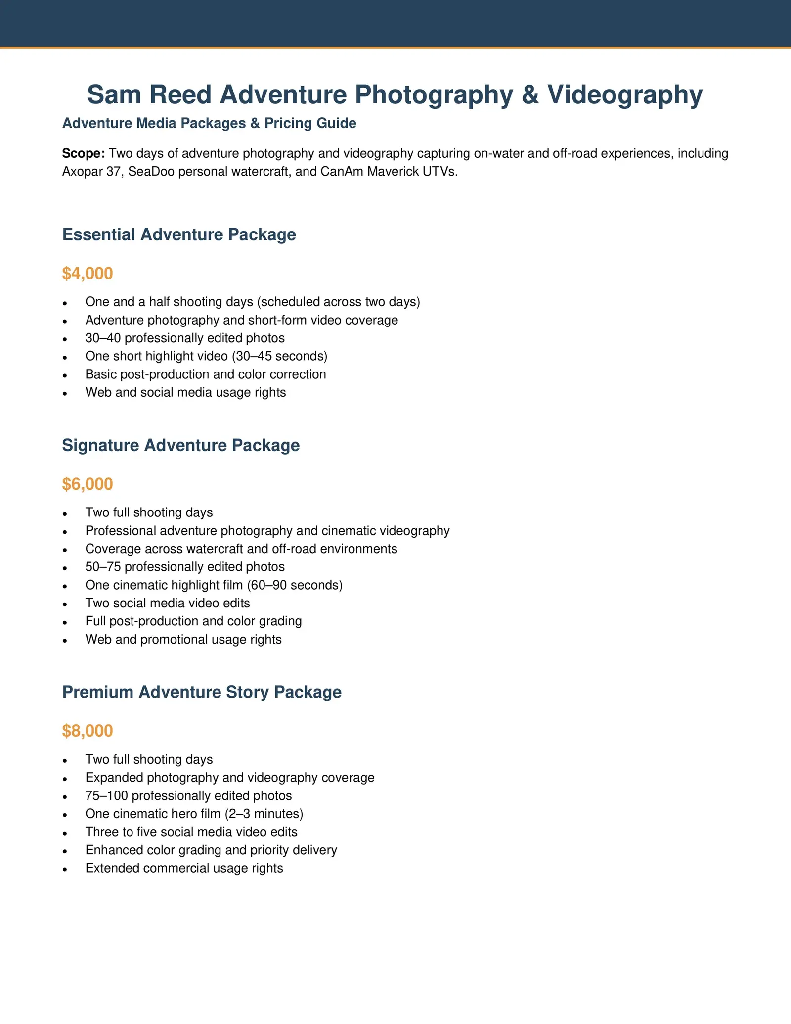 A pricing guide for adventure photography and videography packages offered by Sam Reed, listing three package options with details and prices in USD.