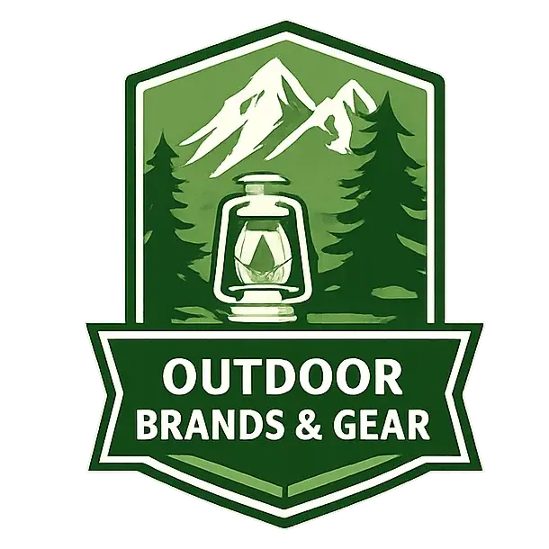Green outdoor gear logo featuring mountain peaks, pine trees, and a lantern with the text 'Outdoor Brands & Gear' in white.