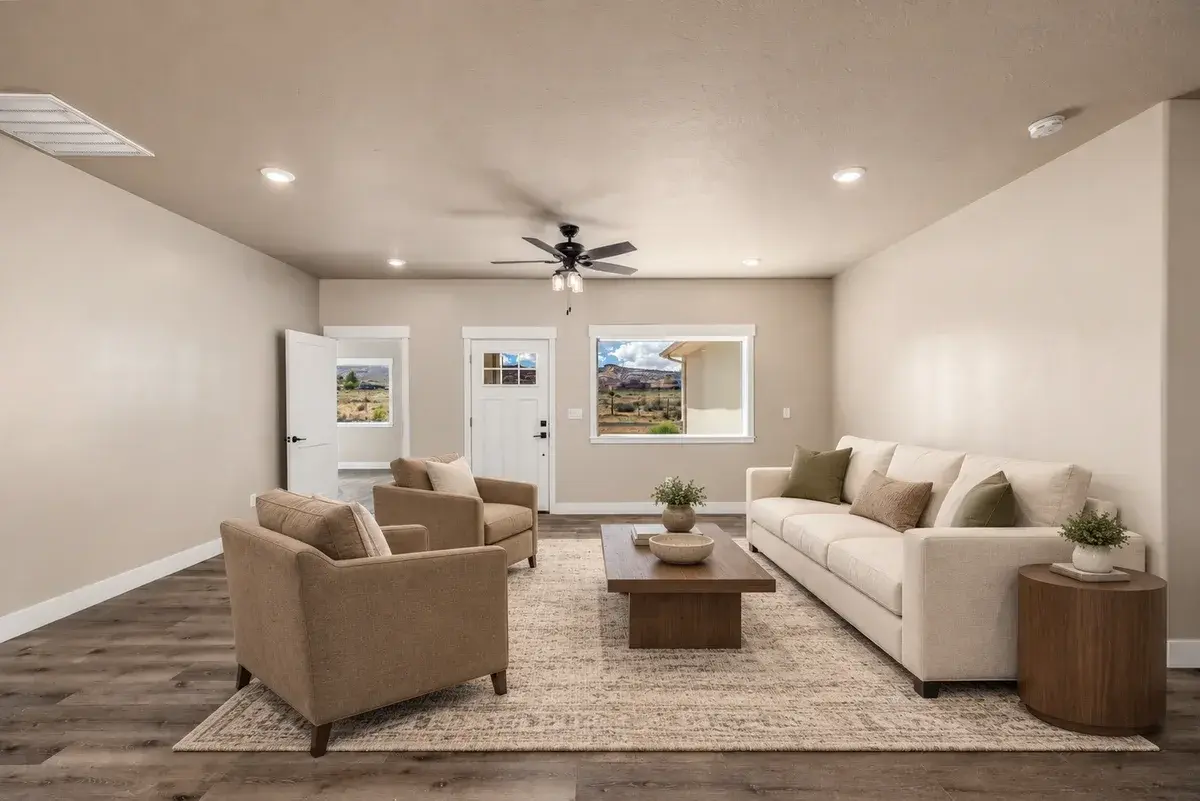 Digitally staged illustration of a living room with virtual furniture