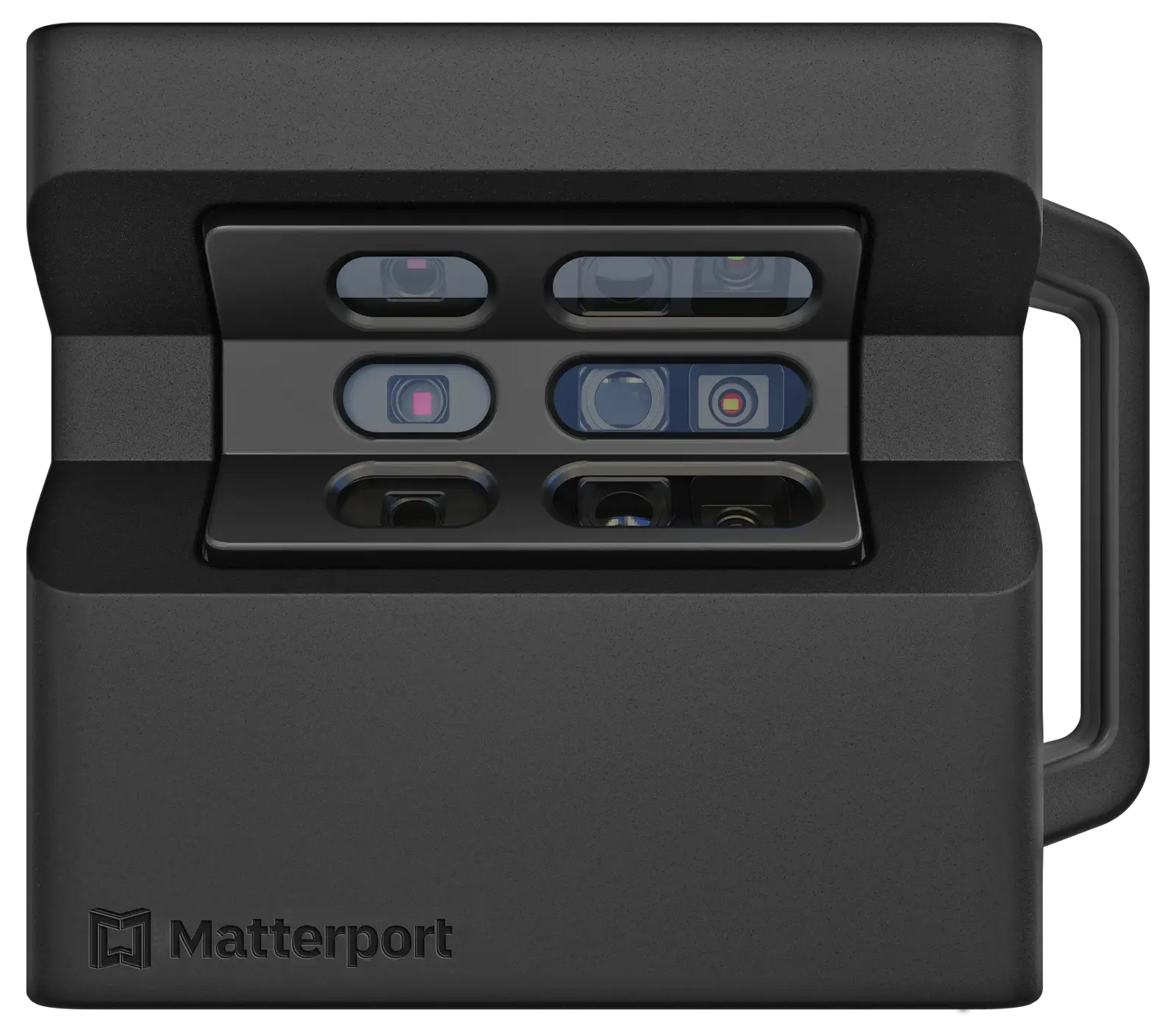 Close-up of a black Matterport camera with multiple lenses and sensors on the top surface.
